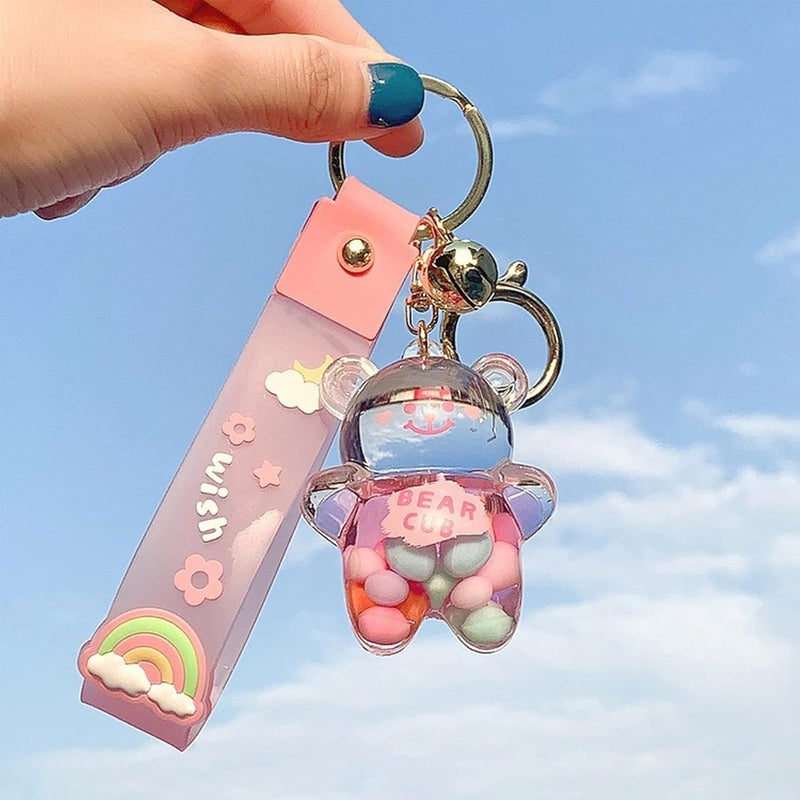 Kawaii Keychain Bear Liquid Floating Quicksand Cute Keychains Bag Charm Wristlet Bracelet Key Ring for Women Girl - Image 3